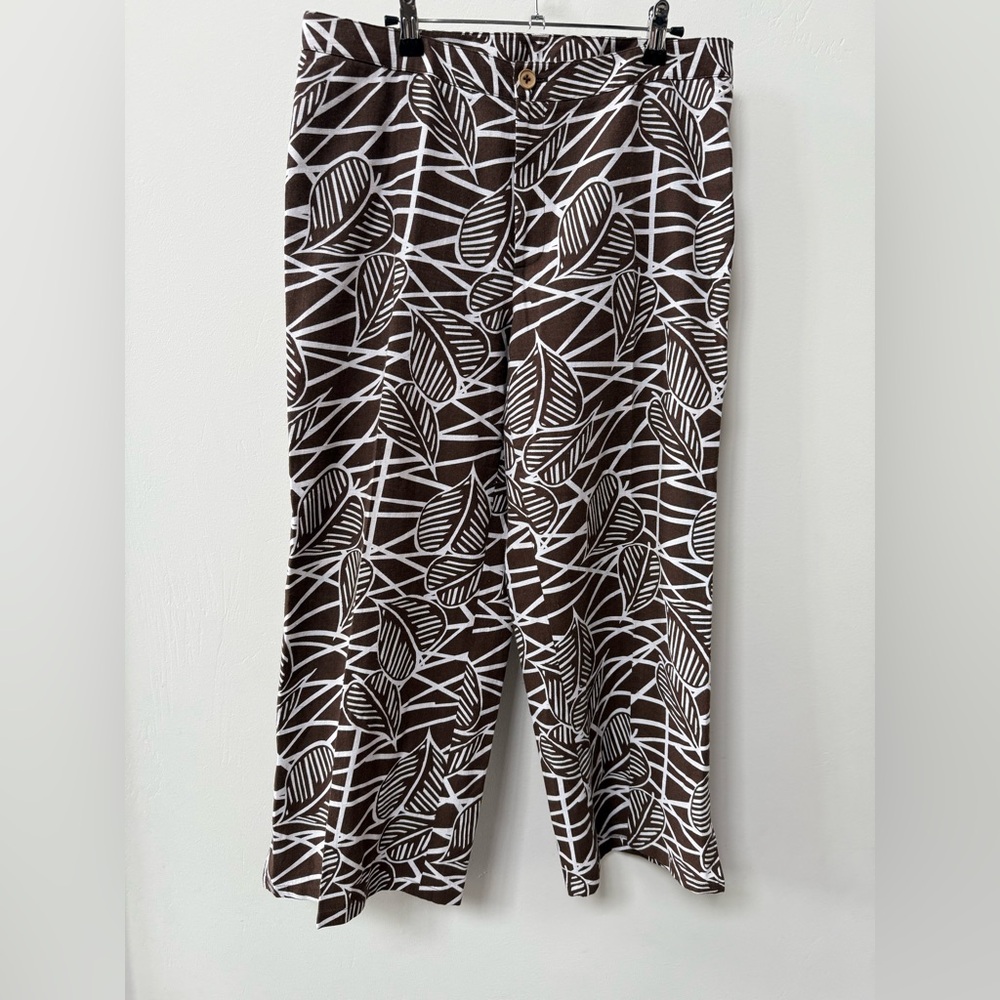 Linen Crop Pants Women 12 Wide Leg Leaves‎ Ankle Coastal Beach Brown White